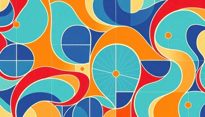 Poster - Vibrant colorful mosaic pattern. Geometric shapes, colors create decorative surface. Abstract design with orange blue red, turquoise. Eye-catching pattern suggests floor tile decorative surface.