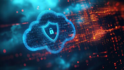 Digital background featuring a cloud with a security shield icon, symbolizing data protection in the virtual space Generative AI