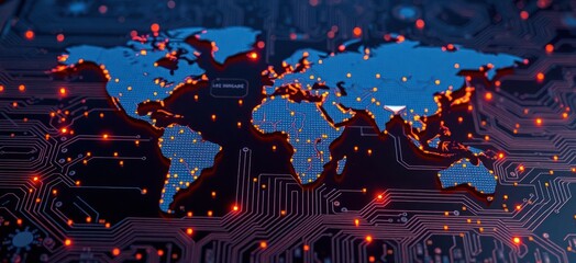 Poster - Global electronics market connectivity visualized as world map on tech circuit board. International trade routes, digital connections shown. Illustrates global economic ties. Represents flow of info