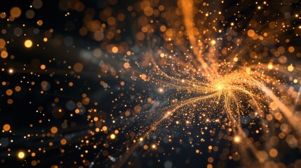 Fototapete - Abstract composition of glowing golden particles swirling dynamically on a dark background, creating a mesmerizing sense of motion and depth. AI generated.