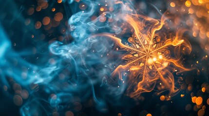 Aufkleber - An intricate golden snowflake surrounded by fiery orange and cool blue smoke, creating a dramatic and visually striking abstract design. AI generated.