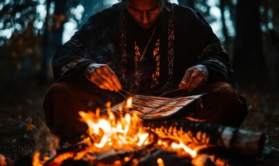 Poster - Person by fire, working on ancient book.