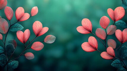 Wall Mural - Heart-shaped leaves on teal background.