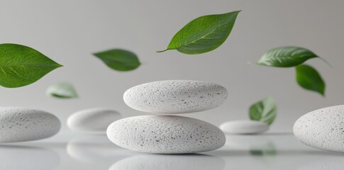 Poster - On a beige background, a 3D display podium stands with a green plant leaf descending. This setting emphasizes natural leaves and minimal beauty, featuring a stone pedestal for a cosmetic product