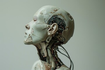 Poster - Realistic female android robot with exposed circuitry is pondering the future