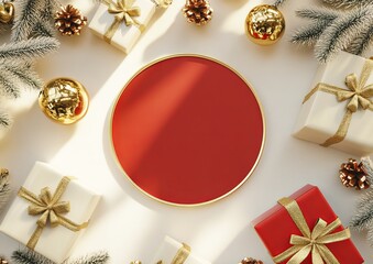 Canvas Print - A flat lay presentation of a 3D podium display with a red Christmas background, highlighting winter beauty products and gifts, with gold confetti falling. This New Year pedestal showcase is a 3D