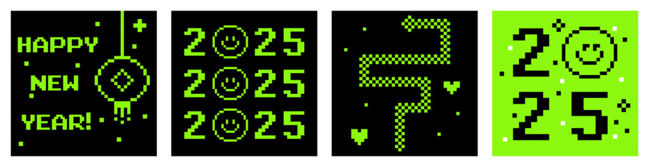 Poster - 2025 Chinese New Year. Year of the snake. Set of minimal Chinese New Year posters in pixel art. Simple geometric greeting cards design with Chinese zodiac snake. Black background. Acid green vector