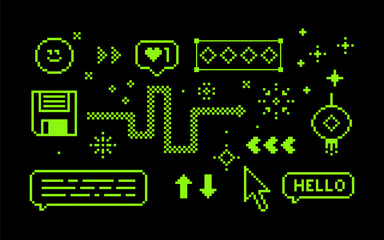 Fototapete - Y2k pixel icon set. Game abstract elements. Mood of 90s aesthetics. 8 bit retro style vector illustration. Black background. Simple geometric form, smile face, arrow, symbol, snake. Acid green icons