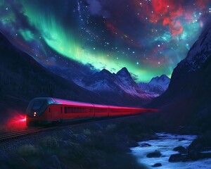 Wall Mural - Red Train Journeys Through Snowy Mountains Under Aurora Borealis