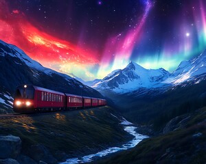 Wall Mural - Red Train Journeys Through Snowy Mountains Under Aurora Borealis