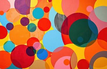 Poster - Colorful abstract painting. Many bright circles overlap and blend. Vivid colors create dynamic pattern. Modern art style. Creative design. Vibrant artwork. Abstract shapes.
