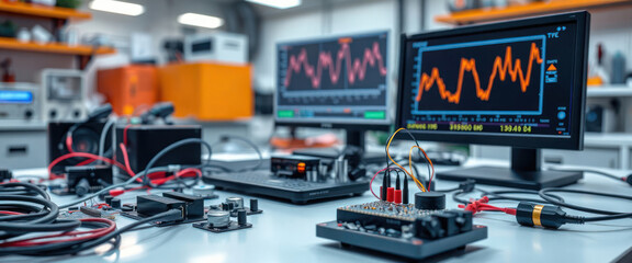 Poster - technicians work in lab. electrical circuit test set. electronic components. multiple monitors show 
