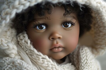 Black doll with curly hair and brown eyes wearing knitted clothes