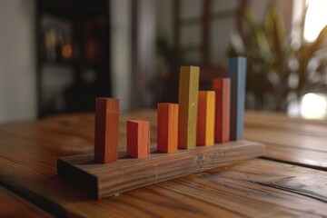 Poster - Colorful wooden blocks forming ascending bar chart are displayed on wooden table, representing concept of growth and success
