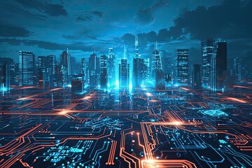 Poster - Futuristic city on electronic circuit background, development of modern digital technologies concept.