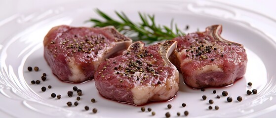 Poster - Three raw lamb chops seasoned with peppercorns and rosemary on a white plate.