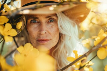 Wall Mural - Beautiful mature woman with a hat posing in a field of yellow flowers