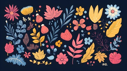 Wall Mural -  Autumn-themed banner with leaves, acorns, and flowers, colorful seasonal elements