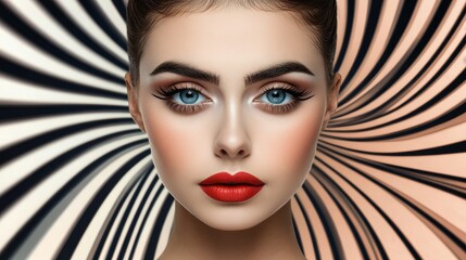 Poster - Vibrant pop art portrait featuring striped shadows and striking red lips