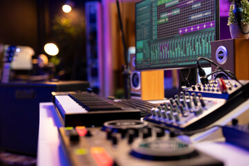 Fototapete - Empty home studio used to create music with electronic console and devices, pre amp knobs and soundboard with control panel. Space equipped with amplifier and tools, mixing and mastering.