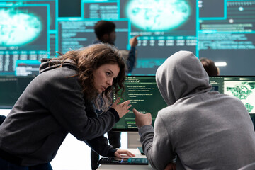 Poster - governmental hackers working together on digital security and cyber defense measures. engaging in cy