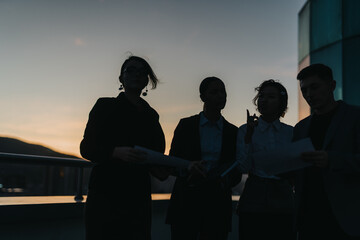 Poster - A group of business people engaged in a meeting on a rooftop, silhouetted against the setting sun, creating an atmosphere of collaboration and teamwork. Ideal for business and teamwork concepts.