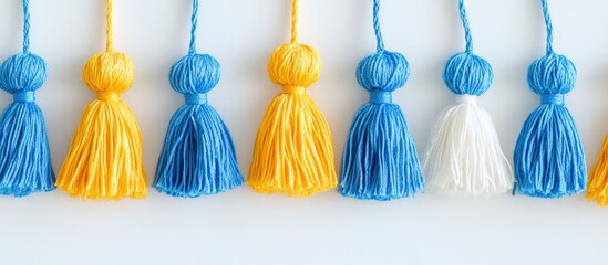 Wall Mural - Colorful tassels in blue yellow and white arranged on a clean white background ideal for decorative crafts and creative projects