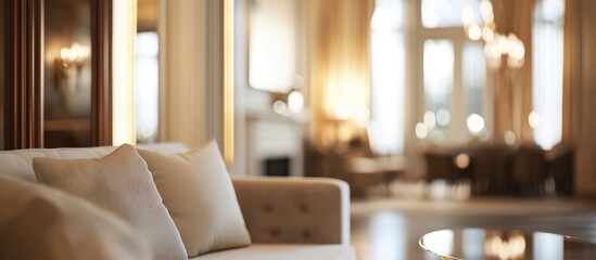 Poster - Luxurious living room interior with elegant decor and soft lighting creating a warm atmosphere ideal for background usage