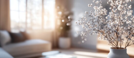 Poster - Elegant modern living room with a soft blurred view of decorative tree branches creating a tranquil and serene ambiance