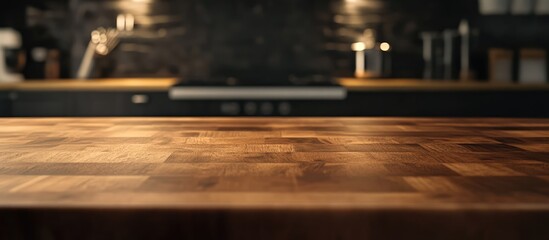 Poster - elegant wooden kitchen table surface with soft daylight bokeh background perfect for product display