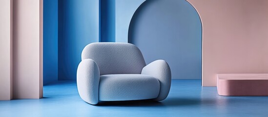 Poster - Minimalist blue living room featuring an elegant chair with soft pastel accents for contemporary interior design inspiration
