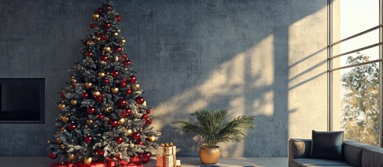 Poster - Sophisticated Christmas tree decorated with red and gold ornaments in modern living room with gray concrete wall and natural light.