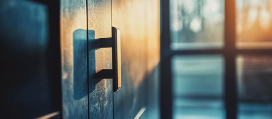 Poster - Modern kitchen handle on cabinetry showcasing sleek design and elegant aesthetics illuminated by warm natural light.