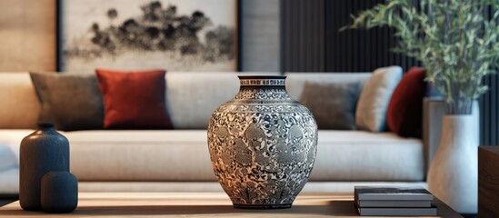 Poster - Stylish living room featuring an elegant ceramic vase with intricate patterns as a decorative centerpiece on a modern tabletop.