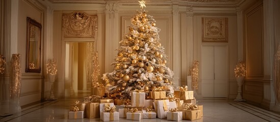 Poster - Elegant Christmas tree decorated with golden ornaments surrounded by beautifully wrapped gift boxes in a festive studio setting