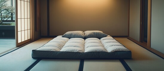 Poster - Minimalist traditional Japanese bedroom layout featuring a futon on tatami mat with soft natural light creating a serene atmosphere.