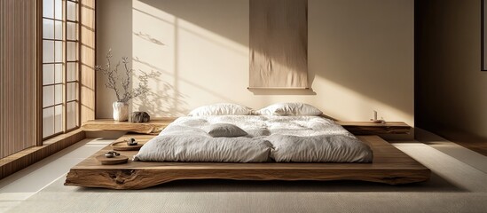 Poster - Elegant minimalist bedroom with soft natural light illuminating a wooden platform bed and serene decor creating a tranquil atmosphere.