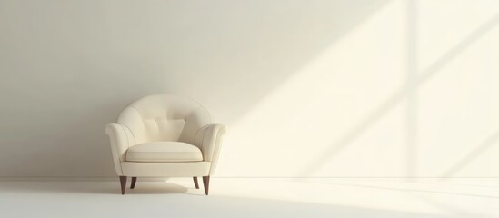 Poster - Minimalist cream colored armchair on a bright white background ideal for modern interior design aesthetics and stylish home decor