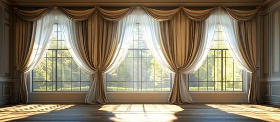 Poster - Elegant curtain drapery framing bright windows in a cozy interior for stylish home decoration and ambiance enhancement