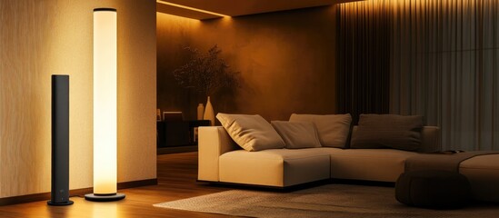 Poster - Modern decorative floor lamp illuminating stylish living room with warm ambiance and sleek furniture for contemporary interior design.