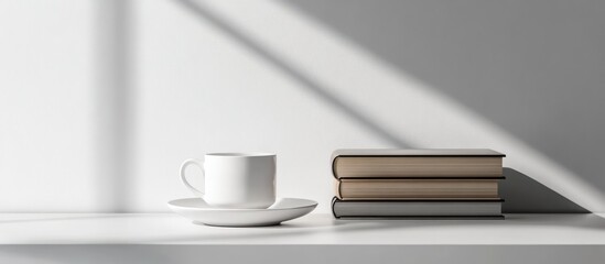 Poster - Minimalistic decor featuring a white cup and stacked books on a clean white table with soft natural light casting shadows.
