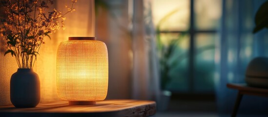 Poster - Cozy home interior featuring an elegant decorative lamp casting a warm glow in a serene atmosphere with natural elements.