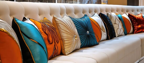 Poster - Vibrant decorative pillows on a contemporary sofa adding style and comfort to a chic living room setting