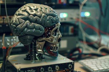 Poster - Chrome skull with exposed wires and circuitry topped with a brain is sitting in a technology lab