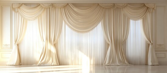 Poster - Elegant draped curtains in a bright modern living room setting ideal for interior design ideas and home decor inspiration.