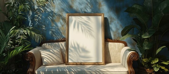 Poster - Elegant frame mockup poster on a cozy sofa with lush plant decor and artistic shadows highlighting a serene interior design atmosphere