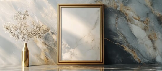 Poster - Elegant golden photo frame on marble surface perfect for interior decor inspiration and showcasing design creativity