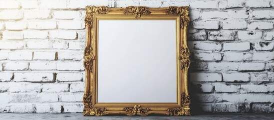 Poster - Elegant vintage golden frame on textured white brick wall ideal for showcasing artwork and enhancing interior decor aesthetics
