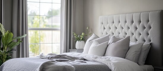 Poster - Elegant gray fabric headboard with coordinating curtains creating a sophisticated modern bedroom aesthetic and serene atmosphere.