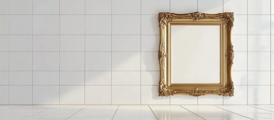 Poster - Elegant vintage golden frame on minimalist white tile wall and floor for interior design inspiration and art display concepts
